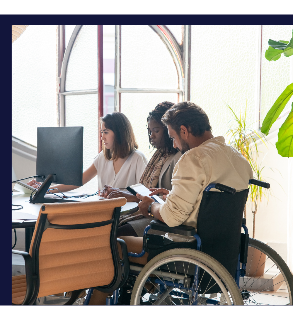 Image of a diverse team, symbolizing equal opportunities for individuals working with disabilities in the workplace. Image of a diverse team, symbolizing equal opportunities for individuals working with disabilities in the workplace.